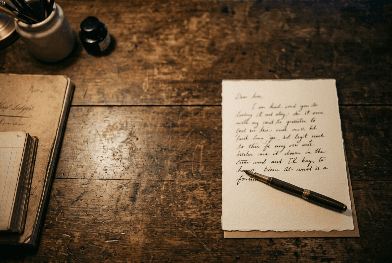 A handwritten letter on cream paper, fountain pen resting across it, warm tungsten light.