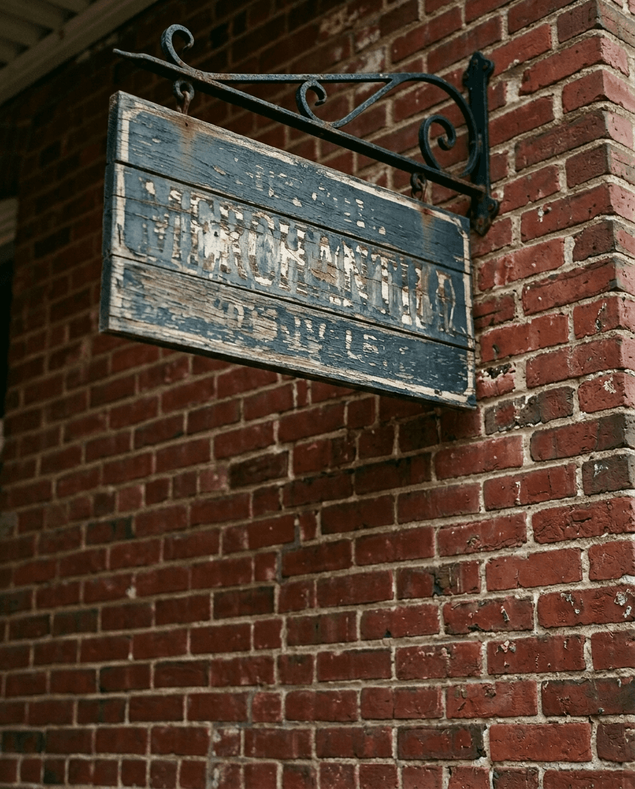 A weathered hand-painted shop sign on a black cast-iron bracket against red Victorian brick — downtown McKinney.