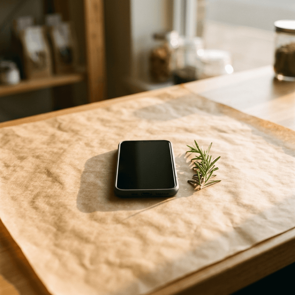 A phone resting on butcher paper beside a sprig of rosemary, soft window light.