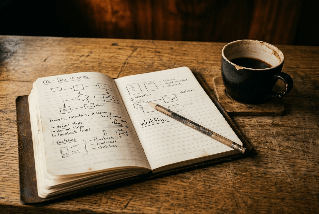 Open notebook with a handwritten flow diagram, pencil mid-page, coffee cup on a worn wood counter.